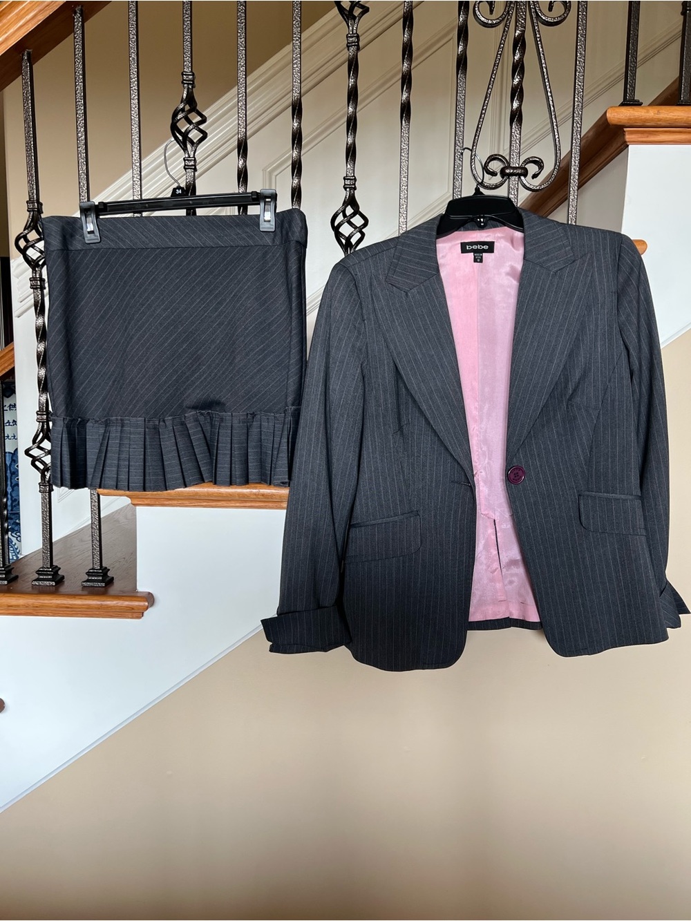 bebe Charcoal Pinstripe Blazer size 10 & Pleated Skirt size 8 with Pink Lining